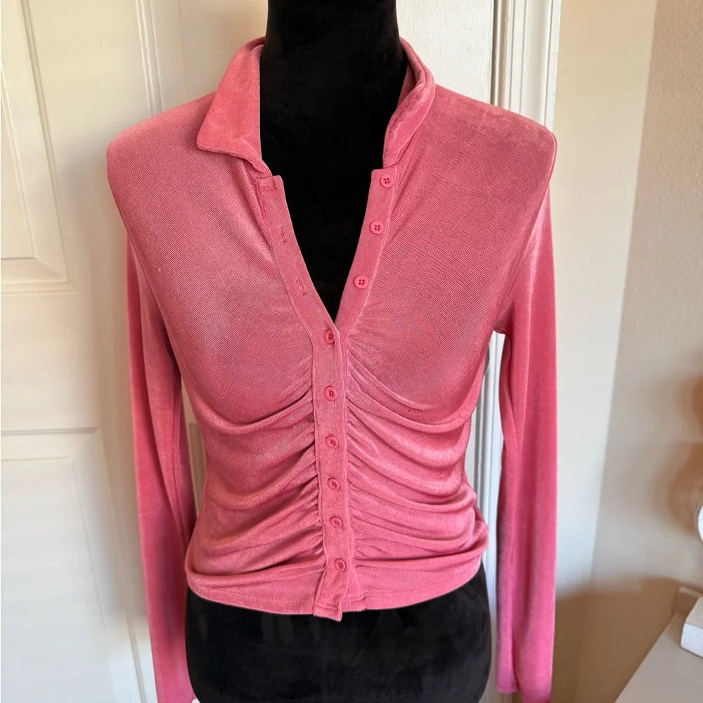Pink Ruched Button-Up Top - Picture 3 of 14